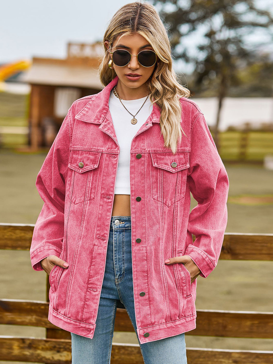 Collared Neck Denim Jacket With Pockets