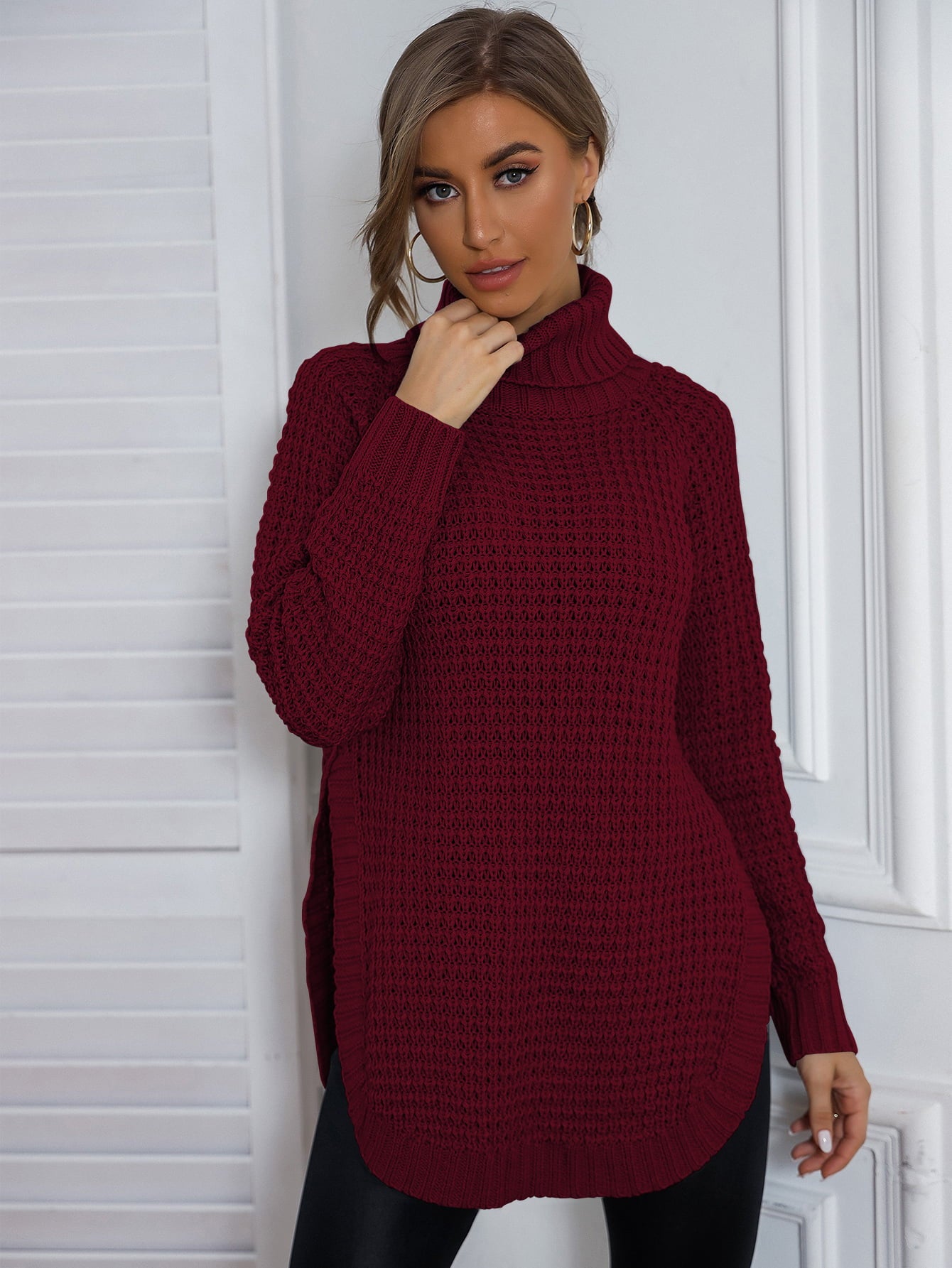 Waffle-Knit Turtle Neck Long Sleeve Sweater Pullover