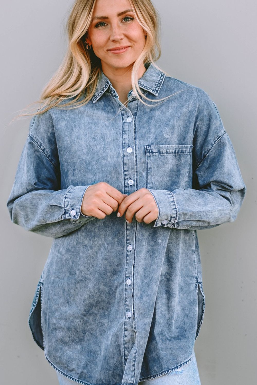 Button Up Dropped Shoulder Denim Top