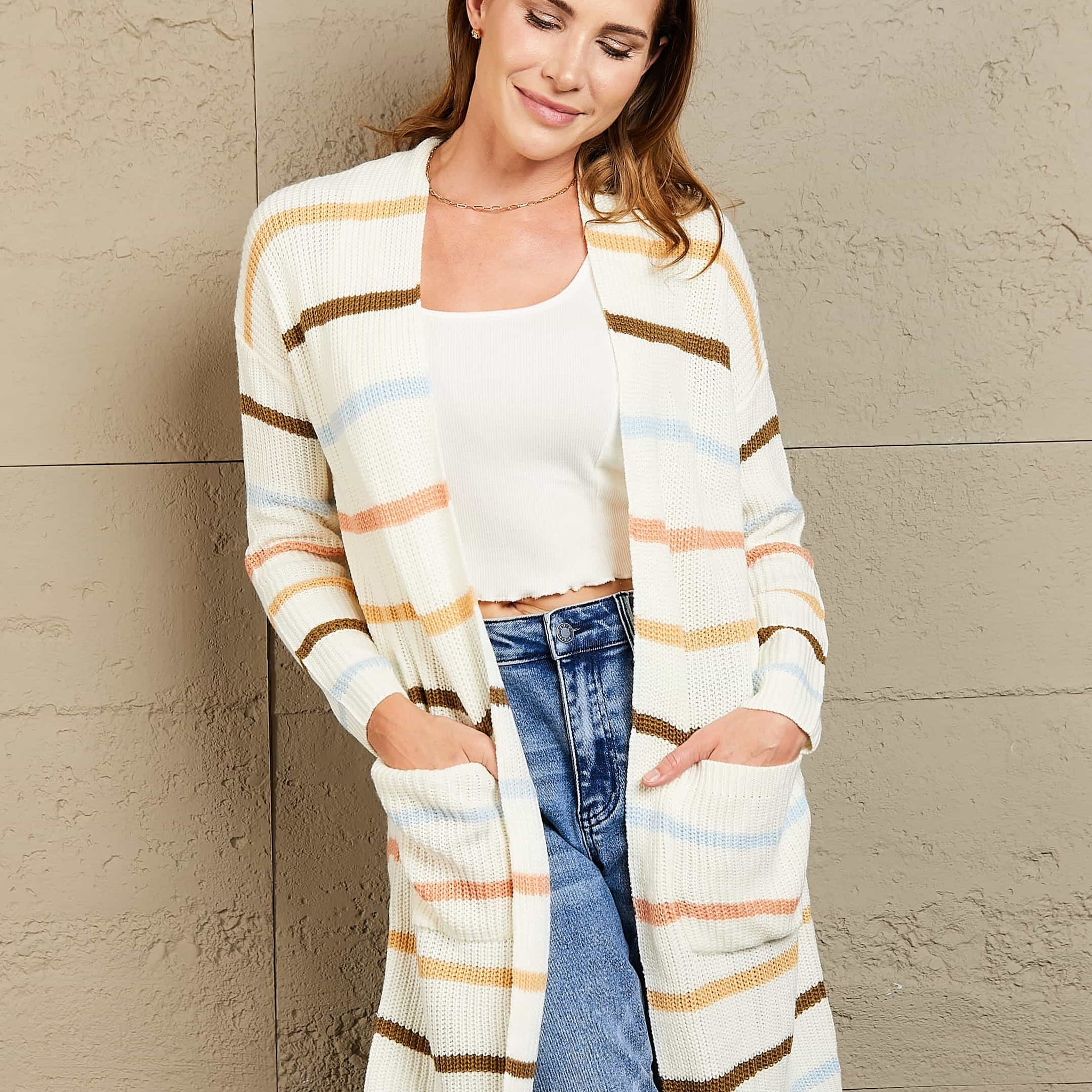 Woven Right Striped Rib-Knit Open Front Pocketed Cardigan