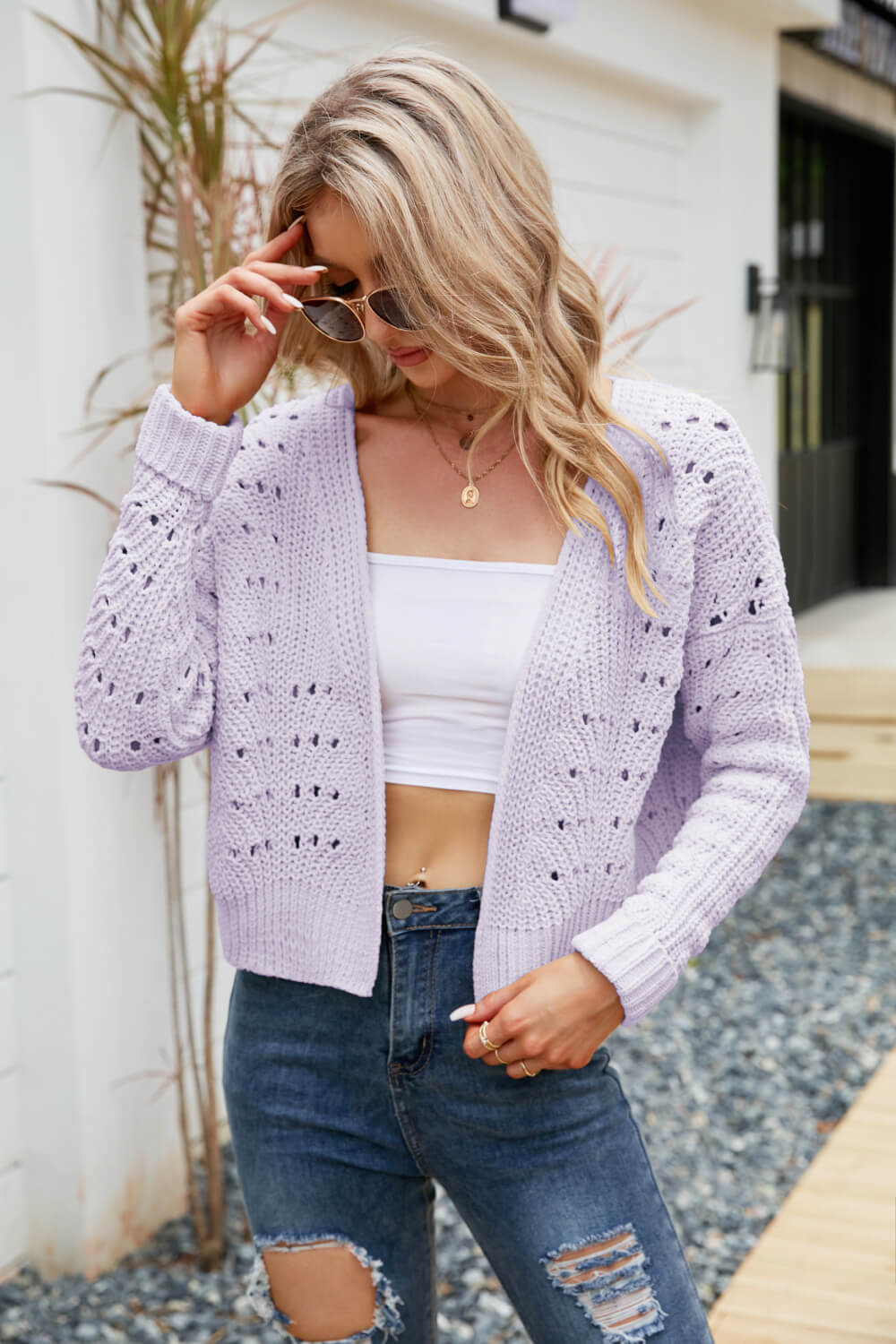 Open Front Cuffed Cropped Cardigan