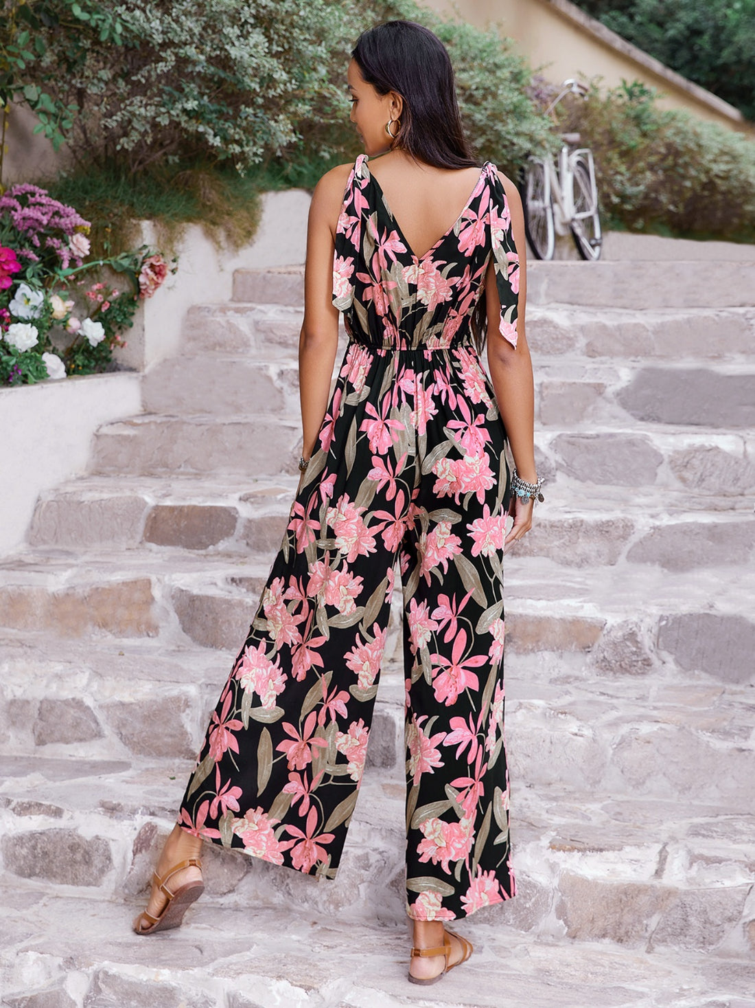 Printed V-Neck Sleeveless Jumpsuit