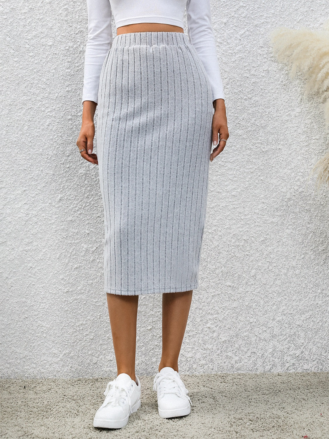 Slit Elastic Waist Midi Sweater Skirt