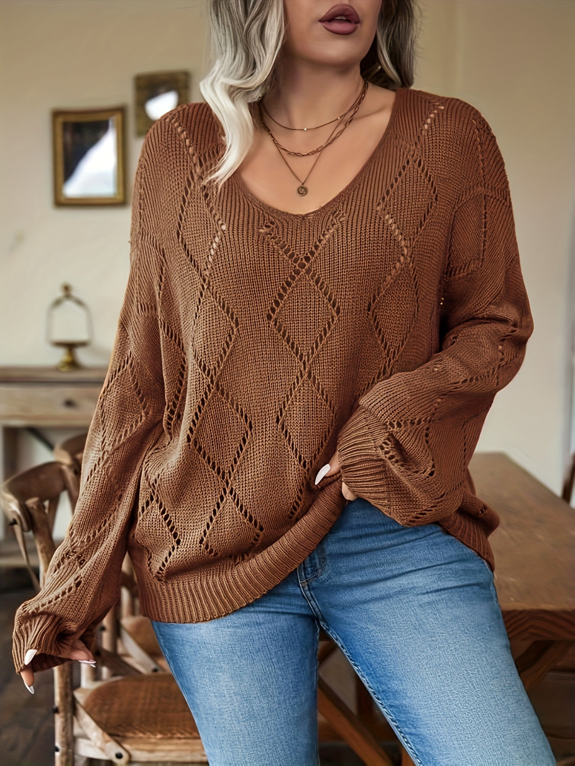 Plus Size Geometric Dropped Shoulder Sweater