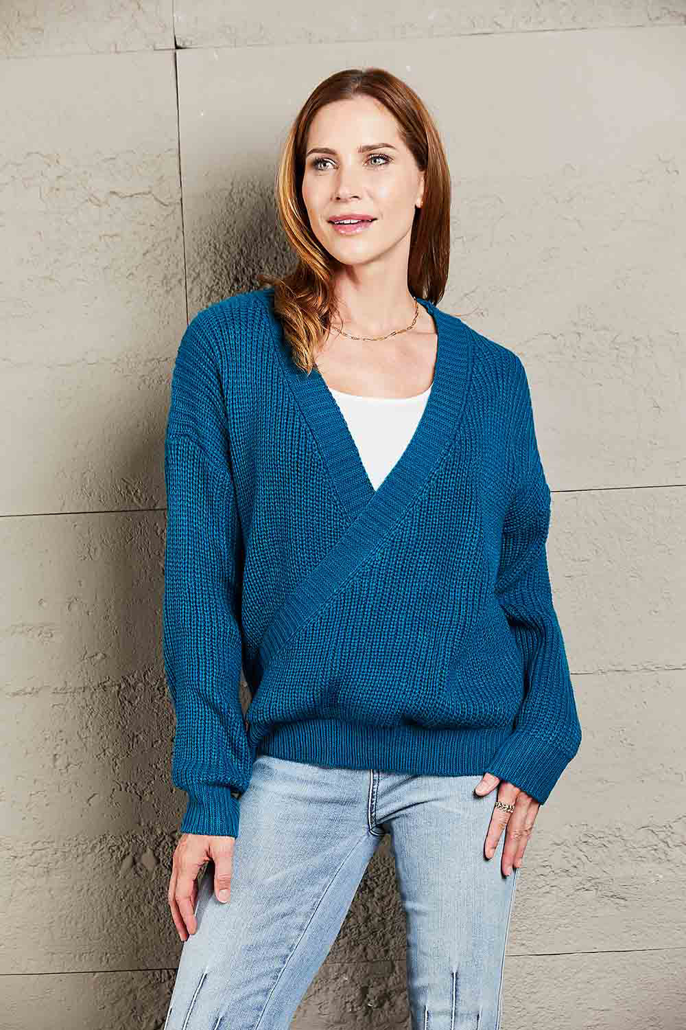 Surplice Neck Dropped Shoulder Sweater