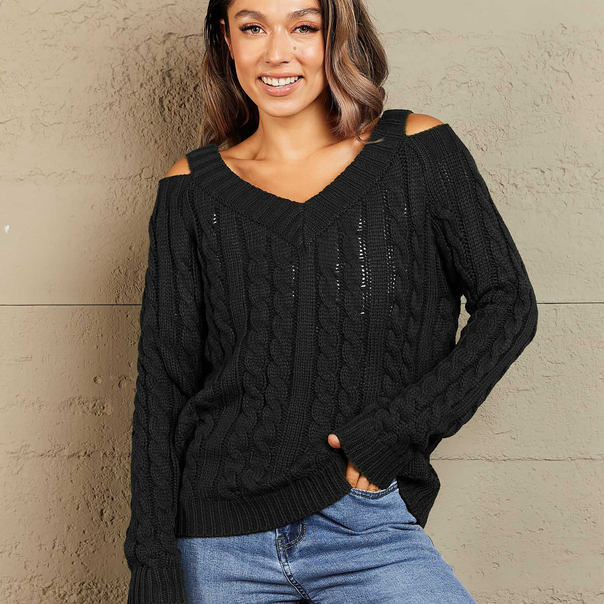 Woven Right Cable-Knit Cold-Shoulder Long Sleeve Sweater