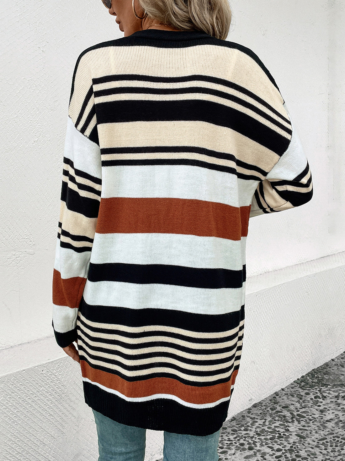 Striped Open Front Drop Shoulder Cardigan