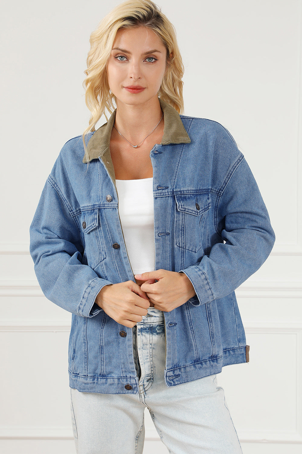 Collared Neck Button Front Denim Jacket