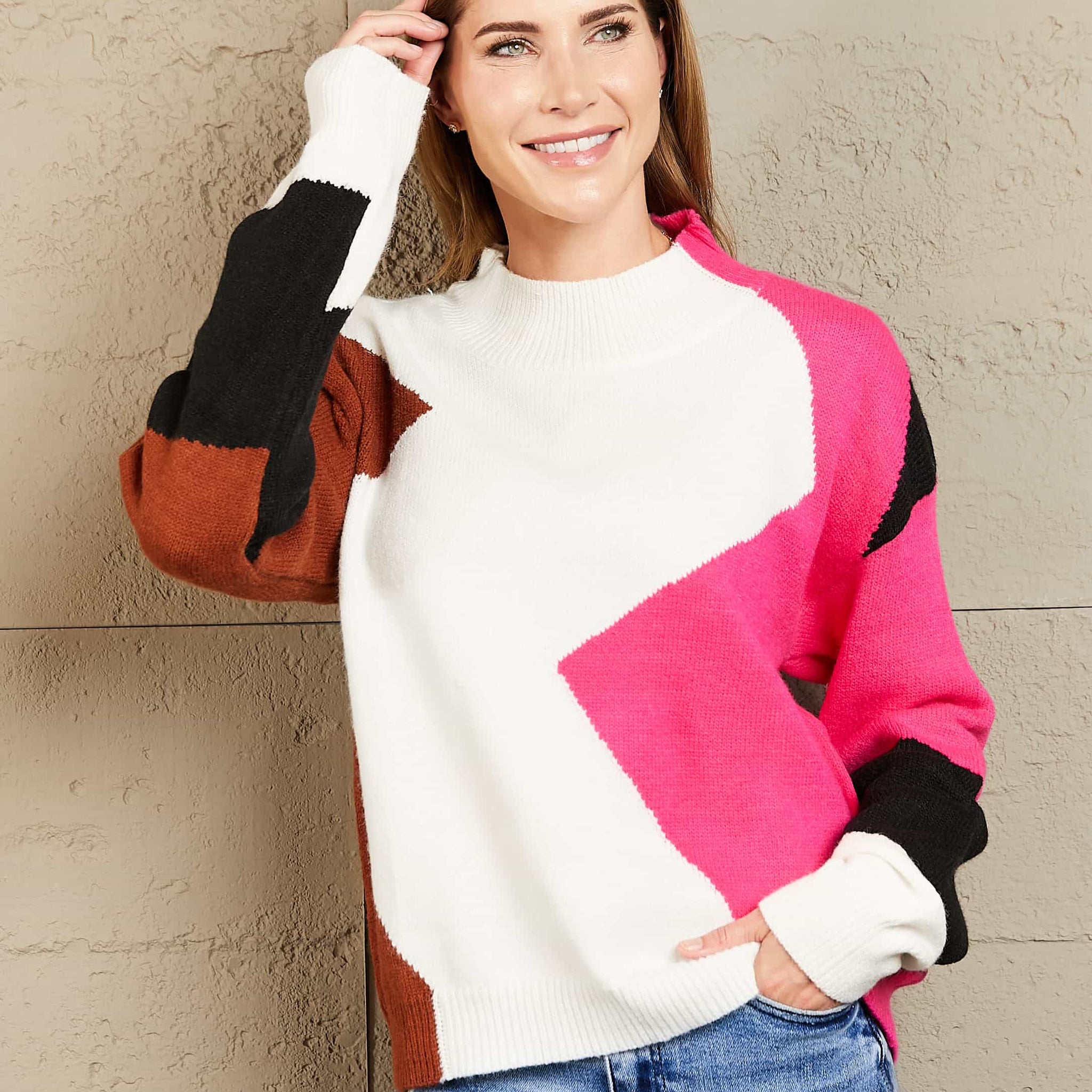 Woven Right Color Block Mock Neck Ribbed Trim Sweater