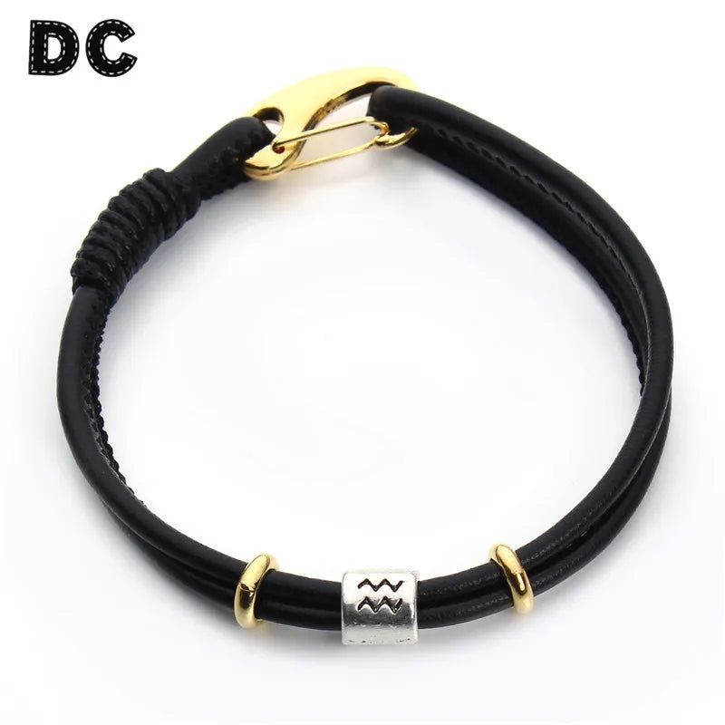 1PC Fashion 12 Constellations Black Leather Bracelets For Women Zodiac Horoscope Charm Bracelets Men Birthday Jewelry Gifts