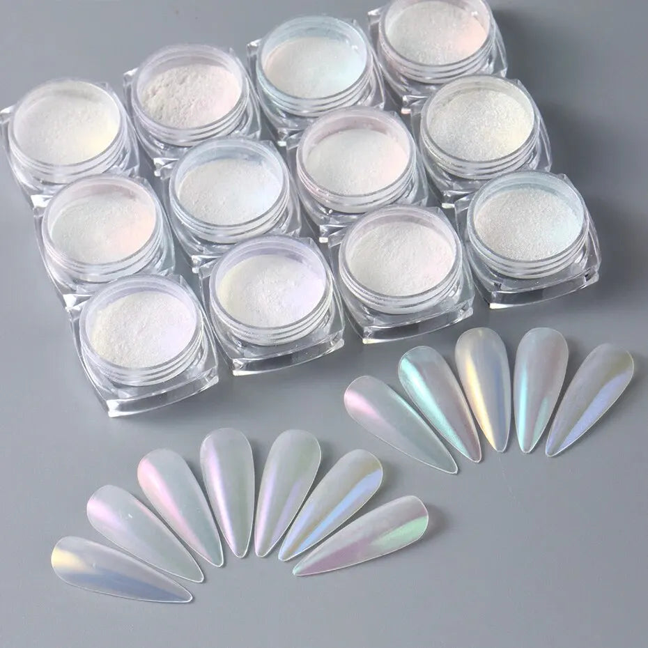 12pcs Mermaid Mirror Sparkly Chrome Pigment Nail Glitter Powders Aurora Laser DIP Dust Manicure Holographic Decoration Nails