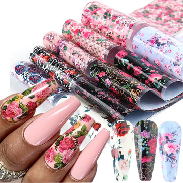 10pcs Floral Transfer Nail Foil Luxury Nail Stickers Rose Flowers Lettering Decals Leopard Starry Paper Manicure Wraps NL3108