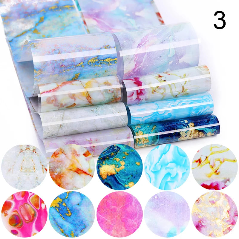 Blue Ink Marble Blooming Foil Nail Art Stickers Set With Flower Gilding Pattern Nail Transfer Decals Decorations Nail Accessorie