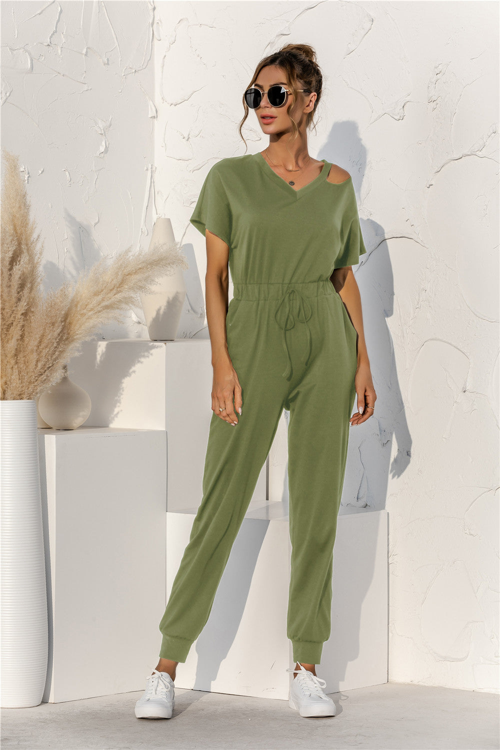 Cut Out V-neck Drawstring Jumpsuit