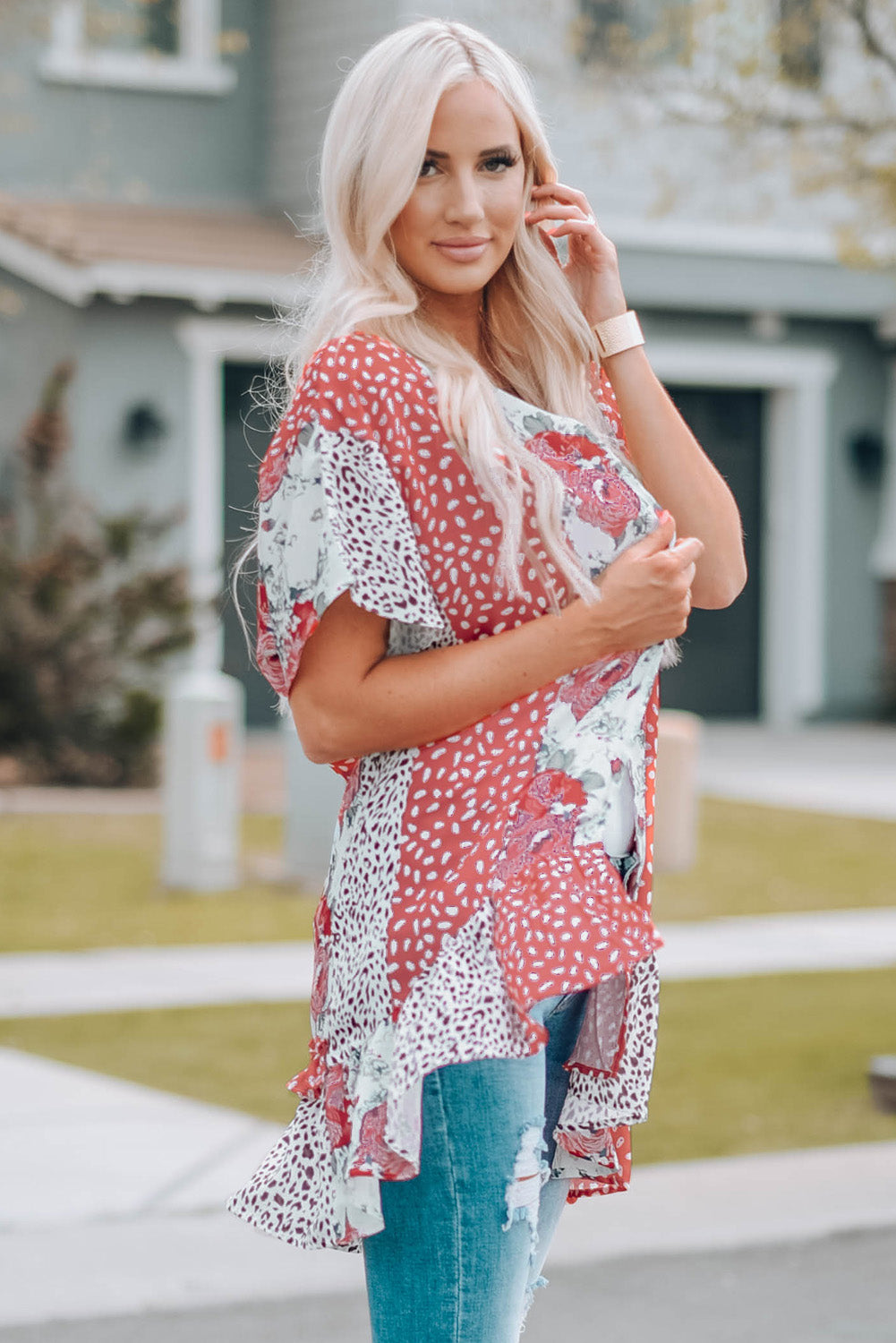 Mixed Print Ruffle Hem Kimono