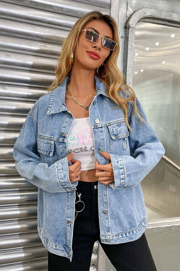 Collared Neck Dropped Shoulder Denim Jacket