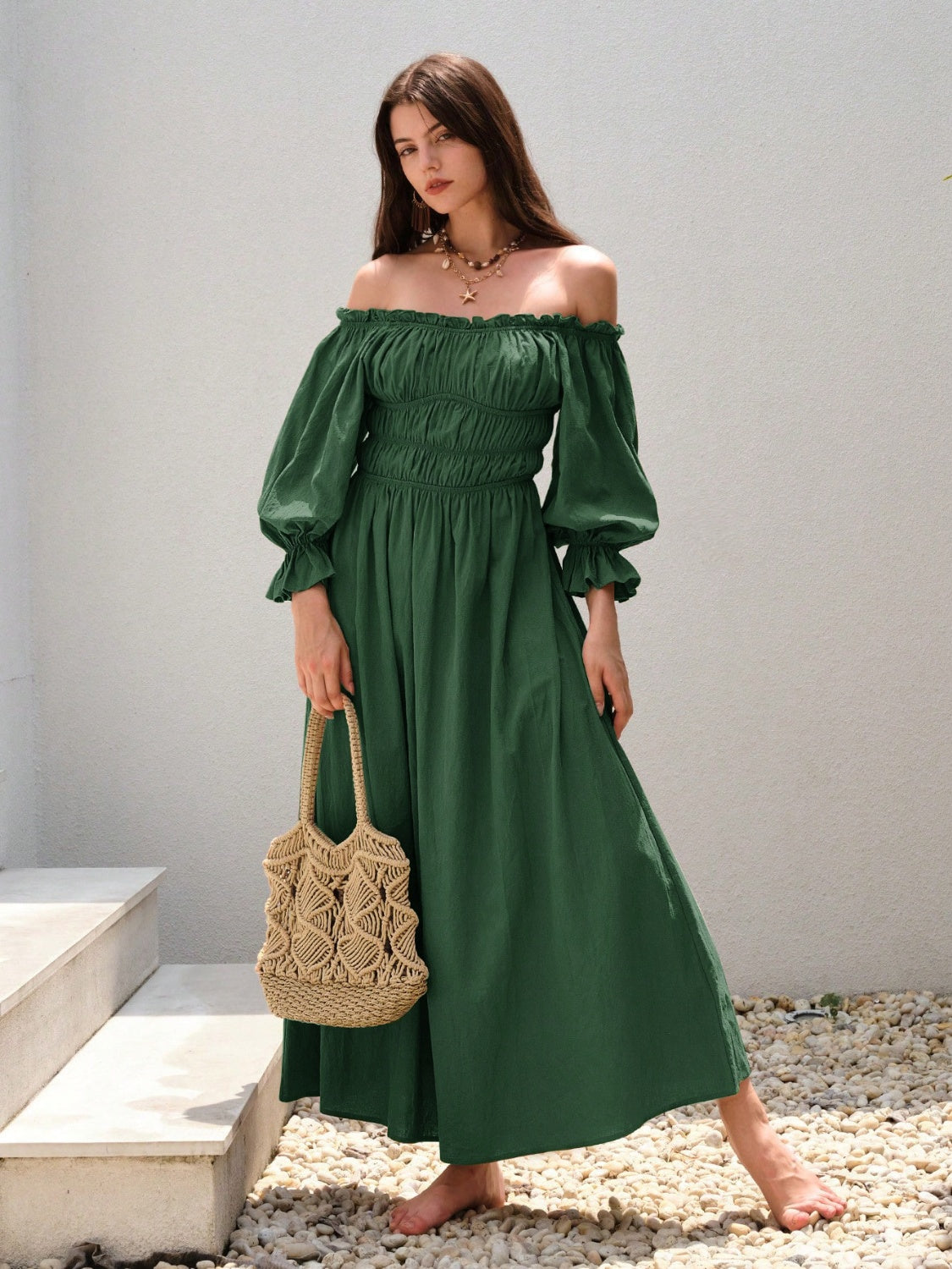 Smocked Off-Shoulder Flounce Sleeve Dress